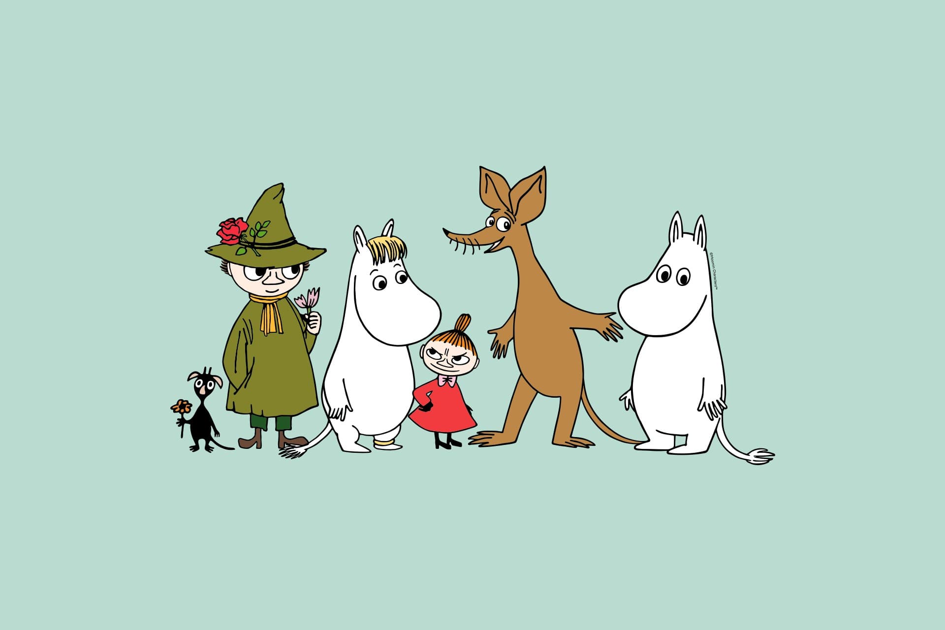 Moominvalley characters in a row. In the picture, from left to right, there is a small black creature, Snufkin, Snorkmaiden, Little My, Sniff and Moomintroll.